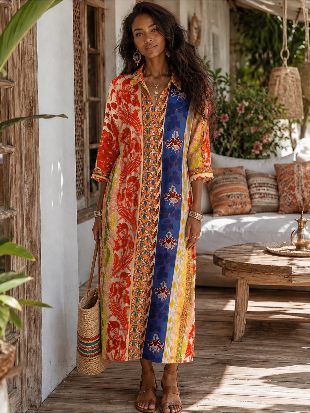 BOHO CHIC Bohemian Multicolor Midi Shirt Dress XS** (see details for Best fit)